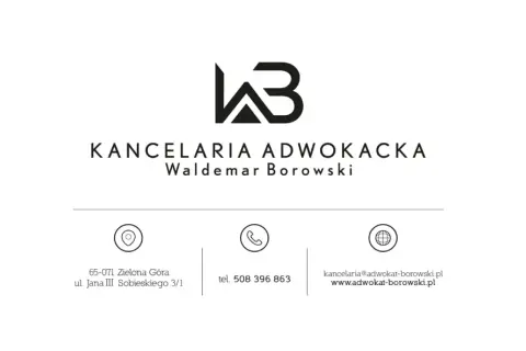 Logo kancelarii adwokackiej z danymi kontaktowymi: adres, telefon, email i strona www.