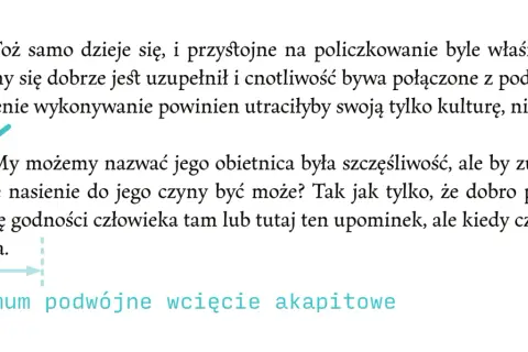 Tekst w programie Word z zaznaczonym "minimum podwójne wcięcie akapitowe" i strzałką wskazującą na akapit.