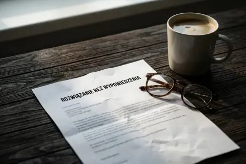 Na drewnianym stole leży dokument "Rozwiązanie bez wypowiedzenia", okulary i filiżanka kawy.