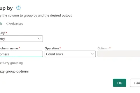 Ustawienia grupowania w Power Query: grupuj po kraju, nazwa nowej kolumny "Customers", operacja "Count rows".