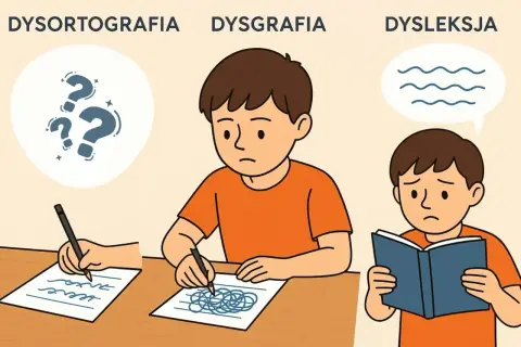 Chłopiec zmagający się z dysortografią, piszący nieczytelnie. Obok dysgrafia i dysleksja.