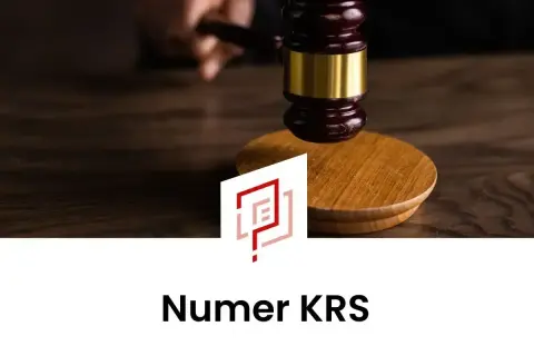 Młotek sędziowski nad deską, symbolizujący prawo. Pod spodem napis "Numer KRS", wyjaśniający, krs co to jest.