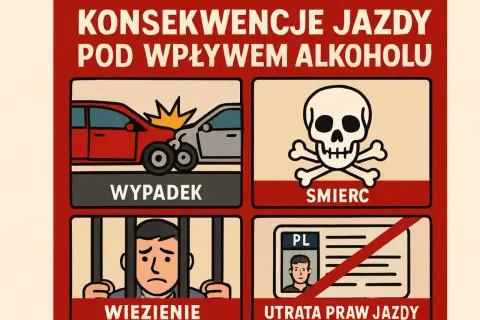 Konsekwencje jazdy pod wpływem alkoholu: wypadek, śmierć, więzienie, utrata prawa jazdy.