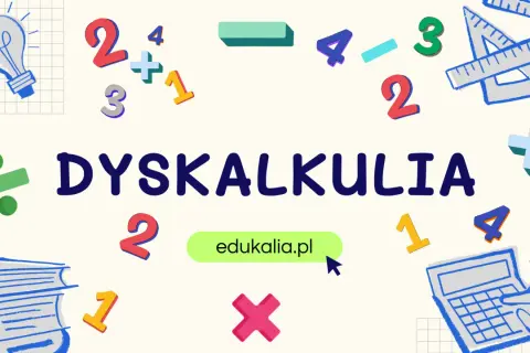 Dyskalkulia co to? Obrazek z cyframi, symbolami matematycznymi i hasłem "DYSKALKULIA" wyjaśnia, czym jest trudność w nauce matematyki.