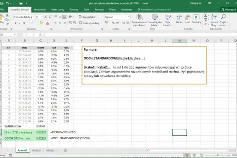 Excel pokazuje formułę ODCH.STANDARDOWE do obliczeń statystycznych.