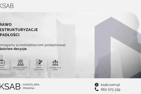 Grafika z ikonami usług prawnych: prawo gospodarcze, restrukturyzacje, umowy, reprezentacja.
