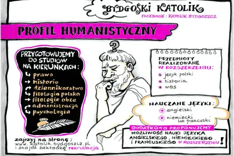 Profil humanistyczny w liceum: przygotowanie do studiów na kierunkach prawo, historia, dziennikarstwo, filologie, administracja, psychologia. Nauczane języki: angielski, niemiecki, francuski.