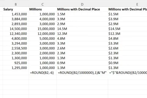Tabela Excel pokazuje przykłady zaokrąglania liczb w kolumnie pensji sportowców do milionów, z użyciem formuły ROUND.