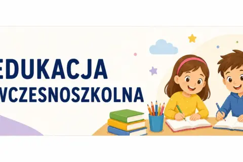 Dzieci uczą się, pisząc w zeszytach. Ilustracja promuje edukację wczesnoszkolną.