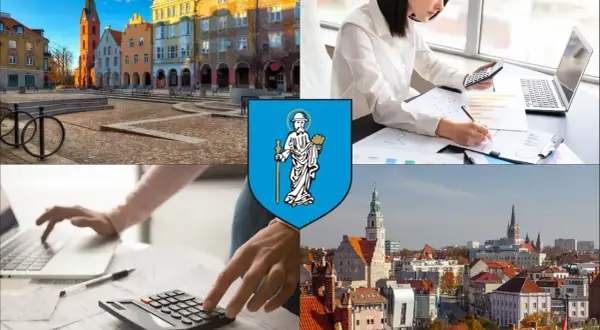 Kielce: widok miasta, herb, kobiety pracujące z kalkulatorem i laptopem.