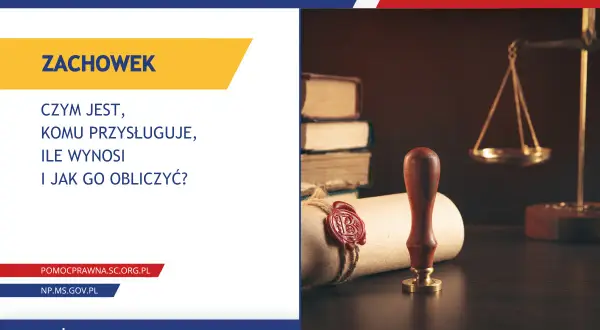 Zachowek: czym jest, komu się należy i jak go obliczyć? Obraz przedstawia symbole prawa: wagę, pieczęć i księgi.