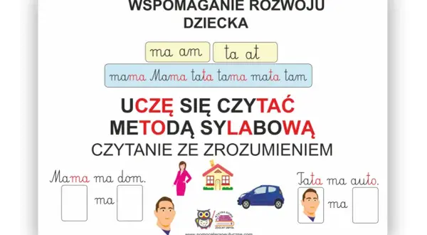 Pomoc w nauce czytania metodą sylabową. Dziecko uczy się czytać ze zrozumieniem, ćwicząc sylaby "ma", "am", "ta", "at".