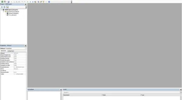 Okno edytora VBA z projektem, arkuszem i jego właściwościami. Widoczny jest panel "Project - VBAProject", "Properties - Arkusz1" oraz okna "Immediate" i "Locals".