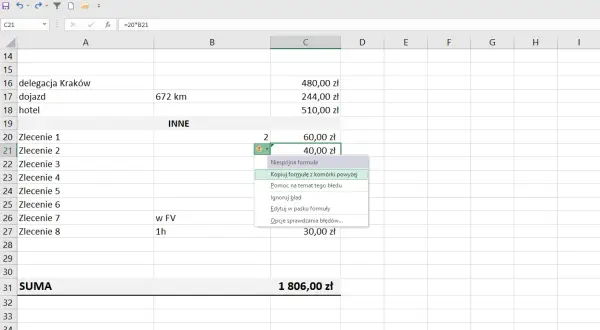 Excel formuły: kopiowanie formuły z komórki powyżej, błąd niespójności formuły w arkuszu kalkulacyjnym.