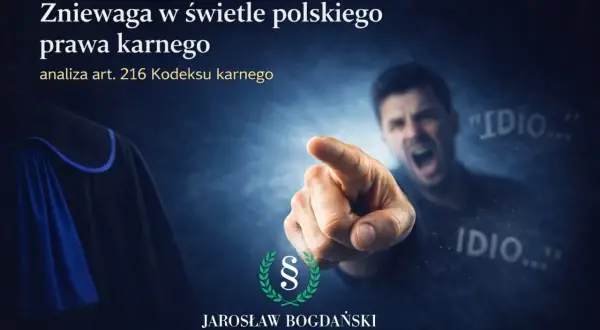 Gniewny mężczyzna wskazuje palcem, krzycząc "Idiota!". Obok szata prawnicza. Analiza znieważenia w polskim prawie karnym.