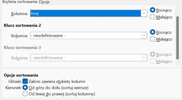 Okno dialogowe sortowanie w Excelu. Ustawianie kryteriów sortowania danych, np. po kolumnie "Imię" rosnąco.