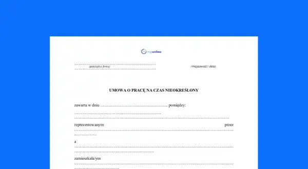 Formularz umowy o pracę na czas nieokreślony. Wypełnij dane pracodawcy i pracownika, aby zawrzeć umowę.