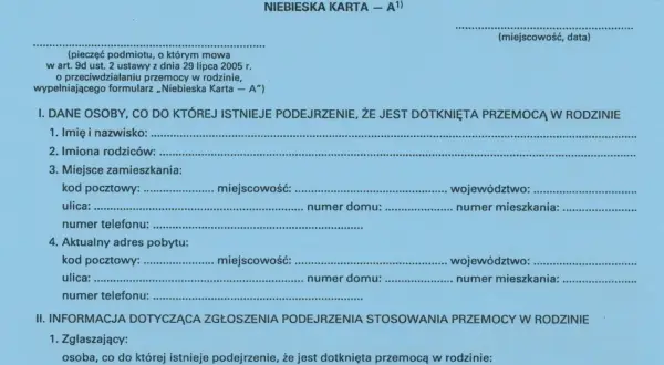 Formularz "Niebieska Karta" zawiera dane osoby, co do której istnieje podejrzenie, że jest dotknięta przemocą w rodzinie. Czy niebieska karta zostaje w papierach?