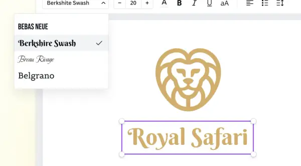 Edytor tekstu z menu wyboru czcionek, gdzie widoczny jest font "Berkshire Swash", idealny do stworzenia eleganckiego znaku wodnego dla "Royal Safari".