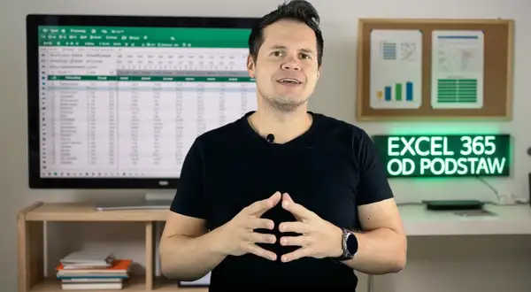 Mężczyzna tłumaczy podstawy Excela 365. Na ekranie widać arkusz kalkulacyjny, a w tle neon z napisem "EXCEL 365 OD PODSTAW".