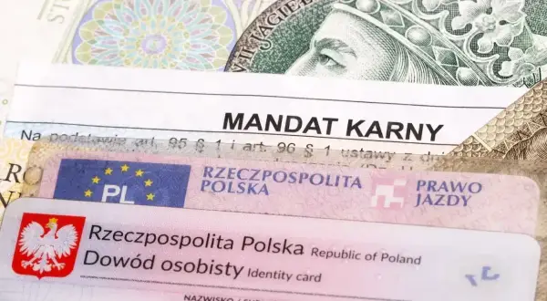 Mandat karny, prawo jazdy i dowód osobisty na tle banknotu. Dokumenty te mogą być podstawą do uprawomocnienia wyroku.