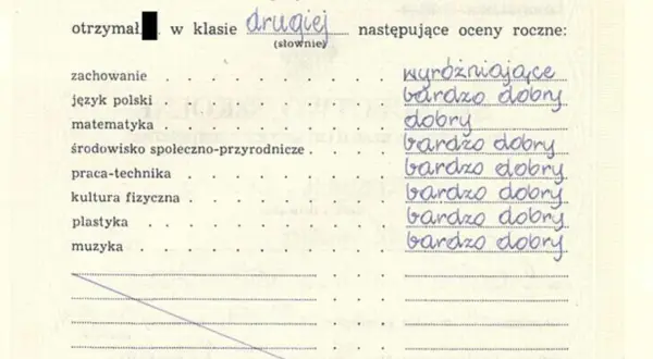 Szkoła ocenia uczniów. W drugiej klasie uczeń otrzymał oceny: zachowanie - wyróżniające, język polski - bardzo dobry, matematyka - dobry, reszta przedmiotów - bardzo dobry.