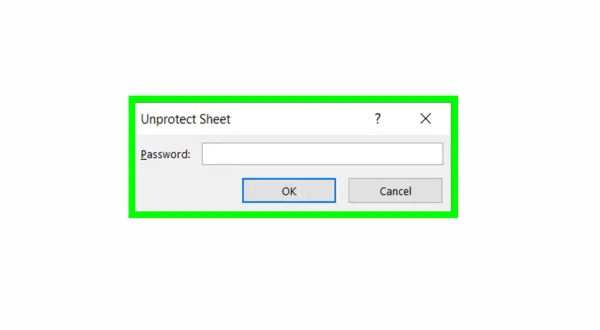 Okno dialogowe "Unprotect Sheet" z polem "Password" do wpisania hasła, aby wyłączyć ochronę arkusza Excel.