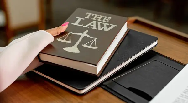 Dłoń z różowym lakierem na paznokciach trzyma książkę "The Law" z wagą sprawiedliwości. Może to symbolizować przygotowanie do wydania wyroku łącznego.