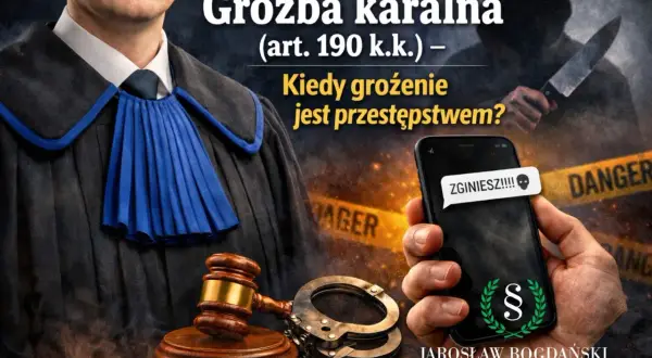 Groźba karalna na telefonie. Sądowy młotek i kajdanki symbolizują konsekwencje prawne. Kiedy grożenie staje się przestępstwem?