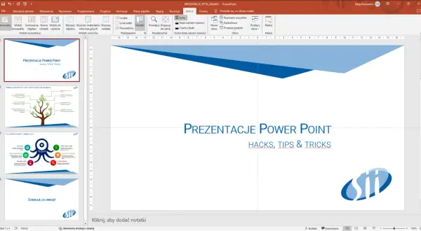 Widok aplikacji do prezentacji PowerPoint z widocznymi slajdami, paskiem narzędzi i menu. Na głównym slajdzie tytuł "PREZENTACJE POWER POINT".