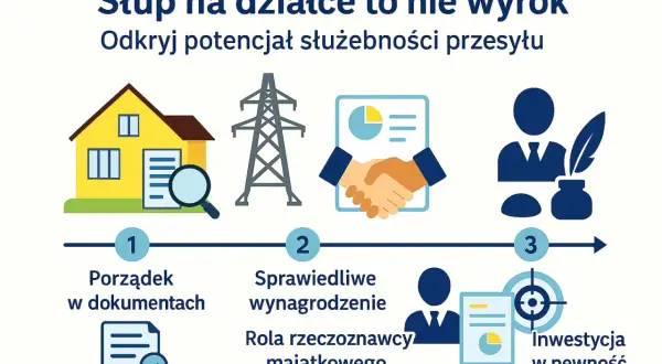 Ilustracja przedstawia proces ustanawiania służebności przesyłu: porządek w dokumentach, sprawiedliwe wynagrodzenie i inwestycję w pewność prawną.