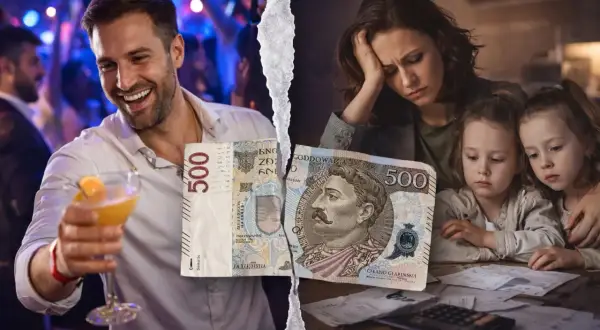 Rozdarta banknot 500 zł symbolizuje rozłąkę i trudności finansowe. Po jednej stronie mężczyzna bawi się, po drugiej matka z dziećmi martwi się, do kiedy płaci się alimenty.