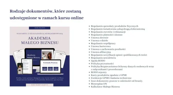 Lista dokumentów prawnych dla Akademii Małego Biznesu: regulaminy, umowy, polityki, RODO.