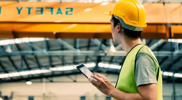 Pracownik w żółtym kasku i kamizelce odblaskowej z tabletem. Nad nim napis SAFETY. Jaki akt prawny reguluje podstawowe obowiązki pracodawcy w zakresie bhp?
