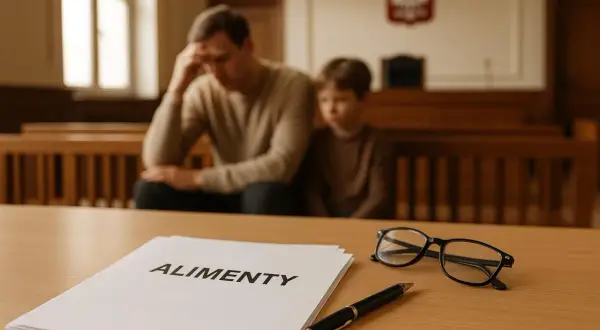 Na stole dokument z napisem "ALIMENTY", obok okulary i długopis. W tle siedzi zamyślony mężczyzna z dzieckiem w sali sądowej.