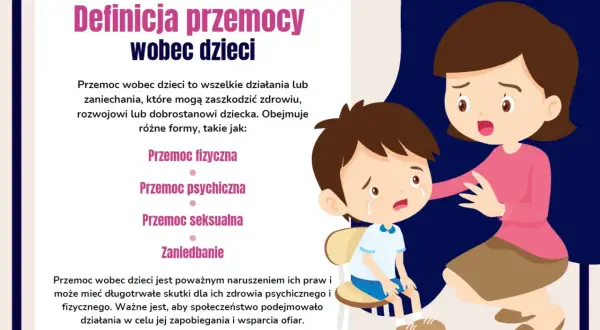 Smutny chłopiec płacze, a kobieta kładzie mu rękę na ramieniu. Obraz ilustruje przemoc psychiczną wobec dzieci.