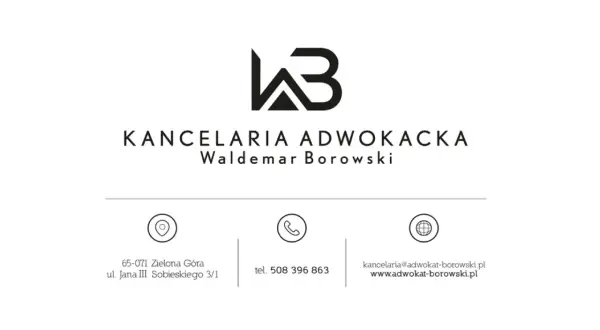 Logo kancelarii adwokackiej z danymi kontaktowymi: adres, telefon, email i strona www.