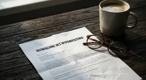 Na drewnianym stole leży dokument "Rozwiązanie bez wypowiedzenia", okulary i filiżanka kawy.