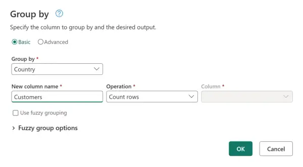 Ustawienia grupowania w Power Query: grupuj po kraju, nazwa nowej kolumny "Customers", operacja "Count rows".