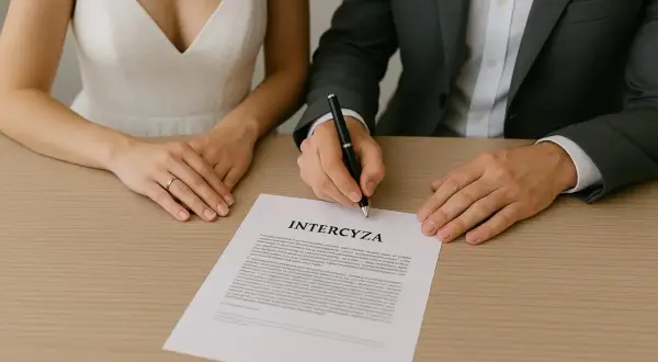 Para młoda podpisuje intercyzę po ślubie. Mężczyzna w garniturze pisze piórem na dokumencie.
