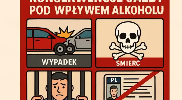 Konsekwencje jazdy pod wpływem alkoholu: wypadek, śmierć, więzienie, utrata prawa jazdy.