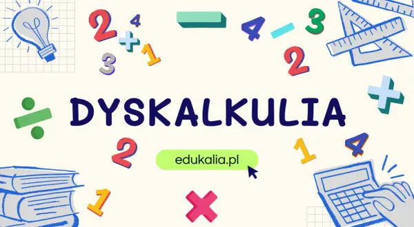Dyskalkulia co to? Obrazek z cyframi, symbolami matematycznymi i hasłem "DYSKALKULIA" wyjaśnia, czym jest trudność w nauce matematyki.
