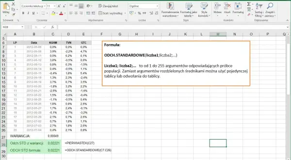 Excel pokazuje formułę ODCH.STANDARDOWE do obliczeń statystycznych.