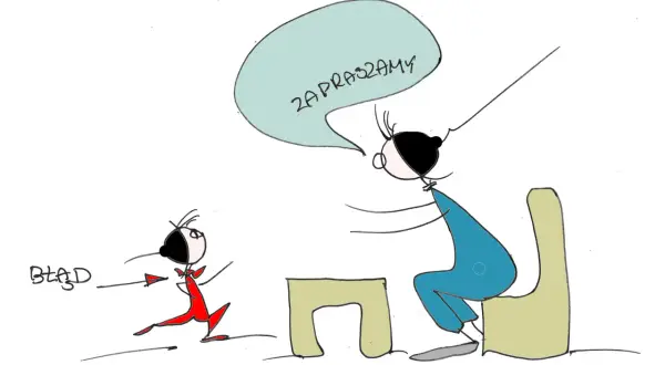 Rysunek: osoba w czerwonym stroju biegnie w stronę osoby siedzącej przy stole, która mówi "Zapraszamy".