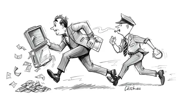 Biznesmen ucieka z walizką pełną pieniędzy, a za nim goni policjant. To symbol zakazu prowadzenia działalności gospodarczej.