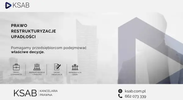 Grafika z ikonami usług prawnych: prawo gospodarcze, restrukturyzacje, umowy, reprezentacja.