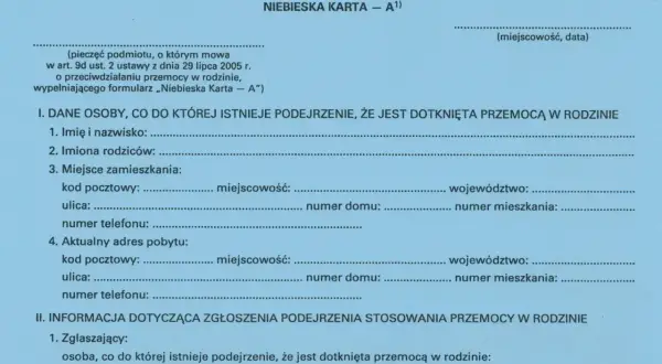 Formularz Niebieska Karta - A, służący do zgłaszania podejrzenia przemocy w rodzinie. Dokument zawiera dane osoby, wobec której istnieje podejrzenie, że jest dotknięta przemocą w rodzinie, oraz informacje o zgłaszającym.