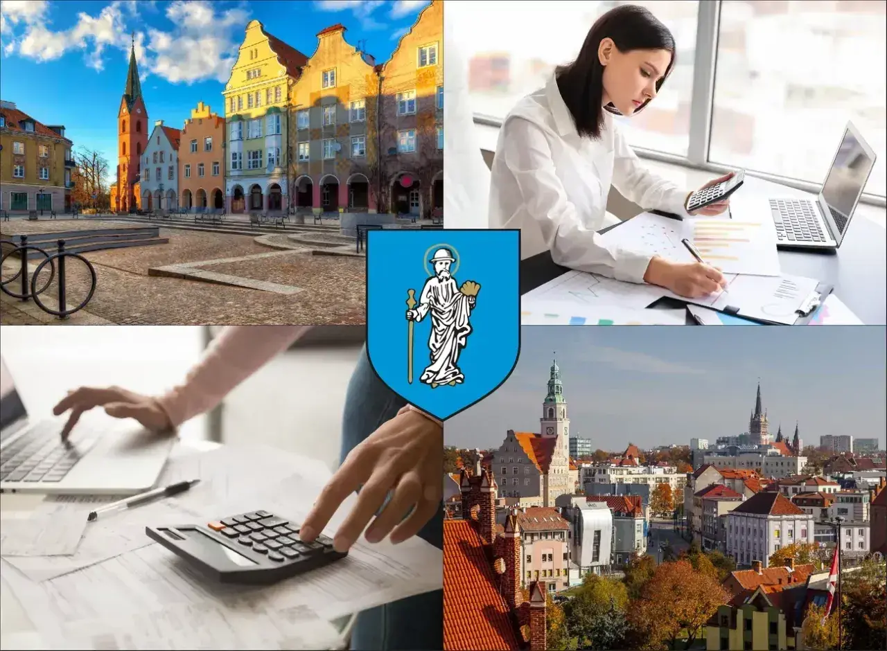 Kielce: widok miasta, herb, kobiety pracujące z kalkulatorem i laptopem.