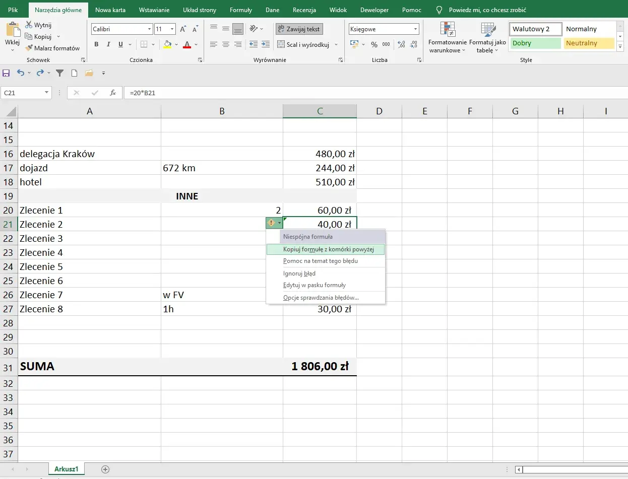 Excel formuły: kopiowanie formuły z komórki powyżej, błąd niespójności formuły w arkuszu kalkulacyjnym.