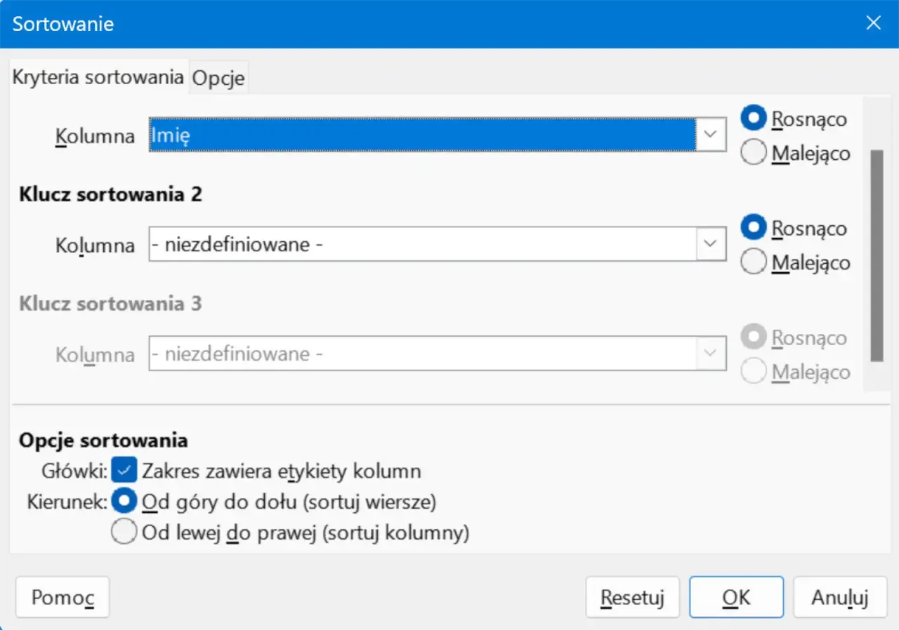 Okno dialogowe sortowanie w Excelu. Ustawianie kryteriów sortowania danych, np. po kolumnie "Imię" rosnąco.